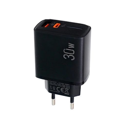 30W USB-C/Type-C + USB-A Charger, Multi Protocol, EU Plug, Black - 1