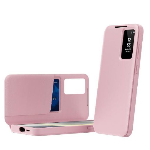 Samsung Galaxy S25+ 5G Pink Leather Case with Card Slot & Smart View - 1