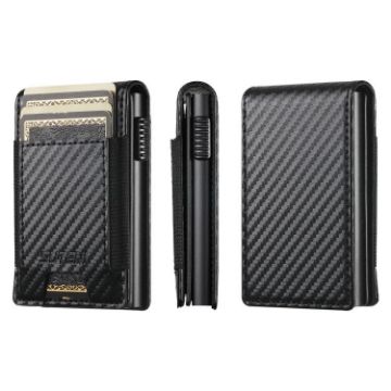 Suteni Black Carbon Fiber Pattern Elastic Band Card Box with Auto Button - 1