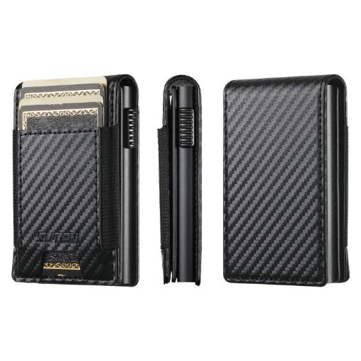 Suteni Black Carbon Fiber Pattern Elastic Band Card Box with Auto Button - 1