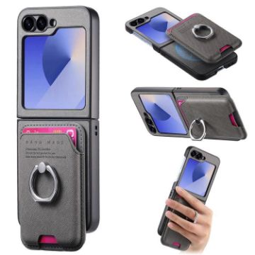 Samsung Galaxy Z Flip6 5G Gray Twill Fabric Card Bag Ring Case - 1