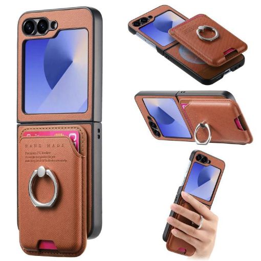 Samsung Galaxy Z Flip5 5G Brown Twill Fabric Card Bag Ring Case - 1