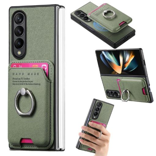 Samsung Galaxy Z Fold3 5G Green Twill Fabric Card Bag Ring Case - 1