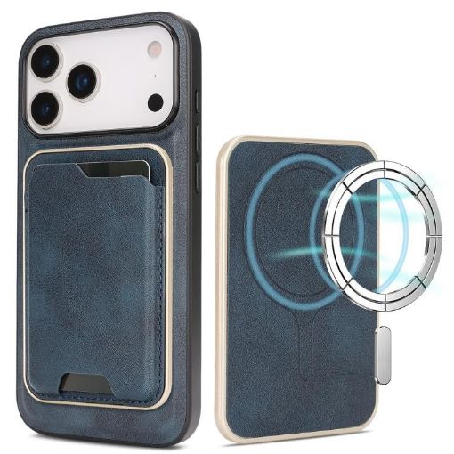 iPhone 17 Pro Max Kalebol Slim MagSafe Leather Case with Card Bag (Blue) - 1