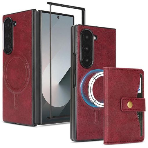 Samsung Galaxy Z Fold6 Red Leather Case with MagSafe Ring & Card Bag - 1