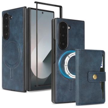 Samsung Galaxy Z Fold7 Leather Case - Magnetic Card Bag & MagSafe Ring (Blue) - 1