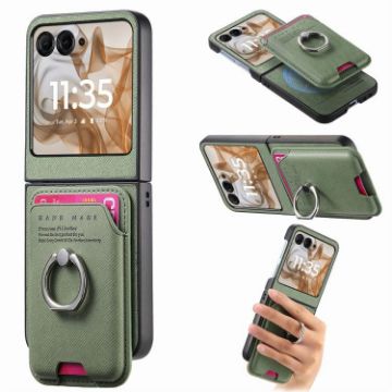 Moto Razr 50/60 Green Twill Fabric Card Bag Ring Magnetic Phone Case - 1