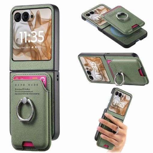 Moto Razr 50/60 Green Twill Fabric Card Bag Ring Magnetic Phone Case - 1