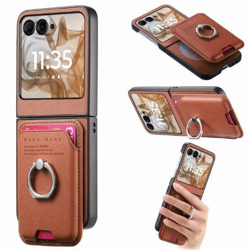 Moto Razr 50/60 Brown Twill Fabric Card Bag Ring Magnetic Case - 1