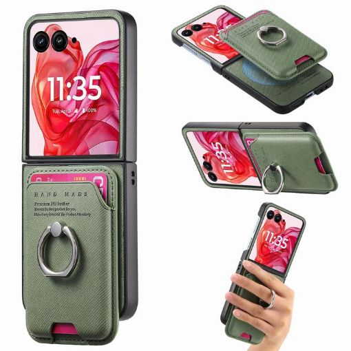 Moto Razr 50 Ultra Green Twill Fabric Card Bag Ring Magnetic Case - 1