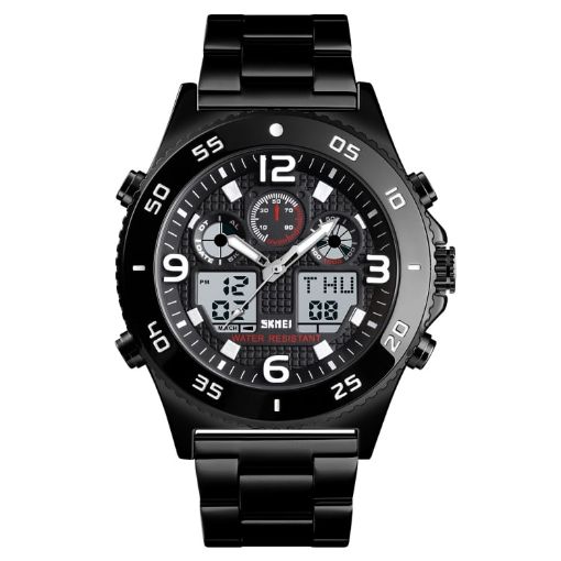 SKMEI 1538 Men's Sports Watch, Large Dial, Black Steel Belt - 1