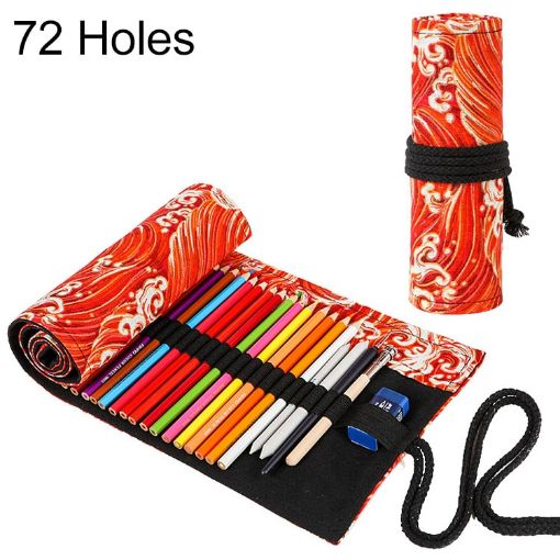 Golden Red Sea Wave Canvas Pencil Case - Large Capacity, 72 Holes - 1