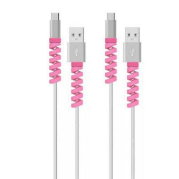 Silicone Data Cable Protective Cover - 4pcs Spiral Style Pink Winder - 1