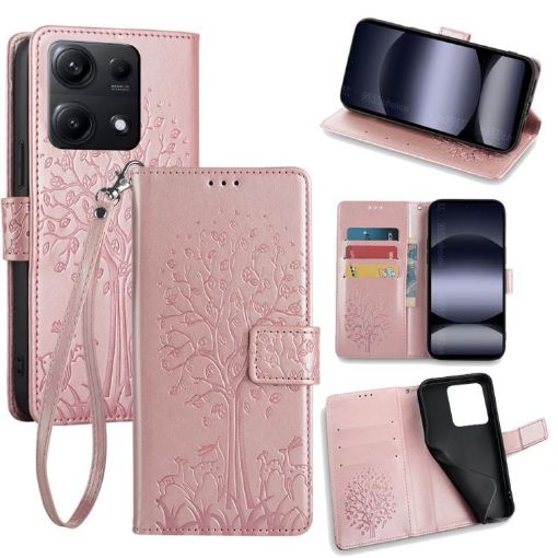 Redmi Note 14S 4G Rose Gold Tree & Deer Embossed Leather Case - 1