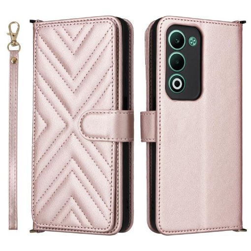 OPPO A5 5G/4G Leather Phone Case with 6-Card Slots & Wrist Strap Pink - 1