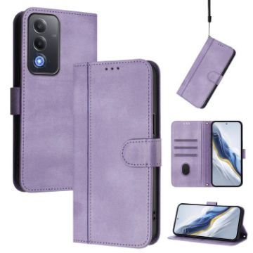 OPPO A5 5G Retro Leather Phone Case, Purple - Global Line Splicing Buckle - 1