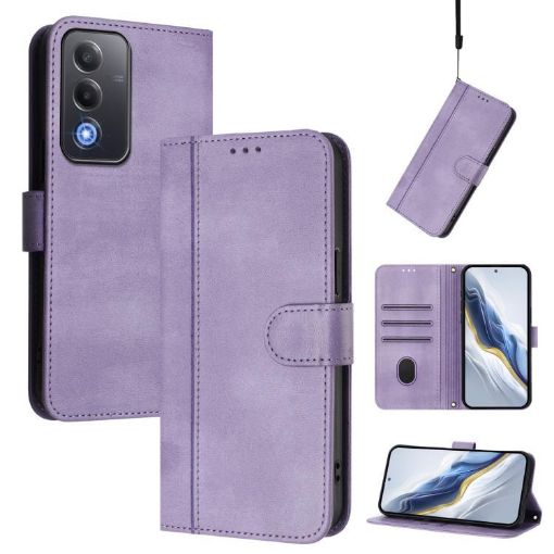 OPPO A5 5G Retro Leather Phone Case, Purple - Global Line Splicing Buckle - 1