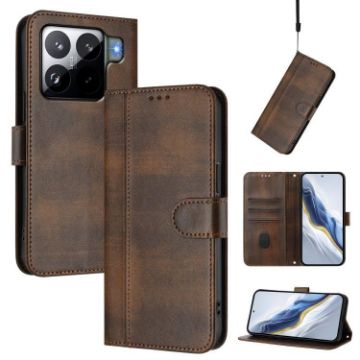 Xiaomi 15S Pro 5G Retro Leather Phone Case Brown - Line Splicing Buckle - 1