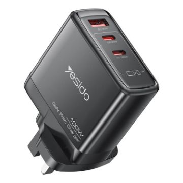 Yesido YC95 PD100W GaN Fast Charger, 2 USB-C & USB-A, UK Plug, Black - 1
