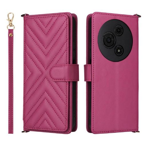 TCL 605/60 SE Leather Phone Case, 6-Card Slots, Wrist Strap, Rose Red - 1
