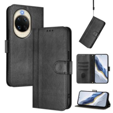 Huawei nova 14 Retro Leather Phone Case, Black - Line Splicing Buckle - 1