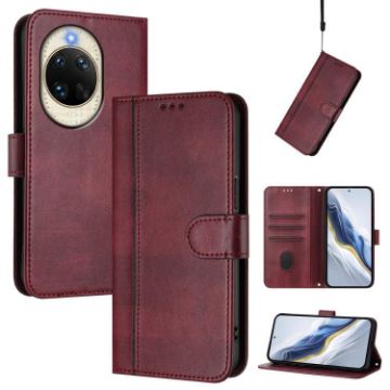 Huawei nova 14 Retro Leather Phone Case, Wine Red, Line Splicing Buckle - 1