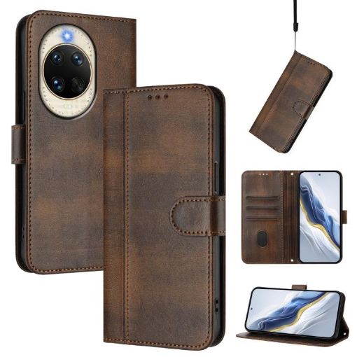 Huawei nova 14 Retro Leather Phone Case, Brown - Line Splicing Buckle - 1