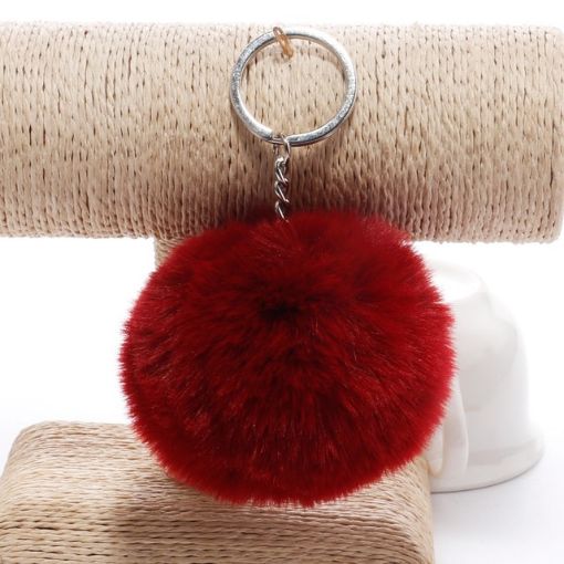 Wine Red Fur Ball Pompon Keychain - Artificial Rabbit Fur Key Ring - 1