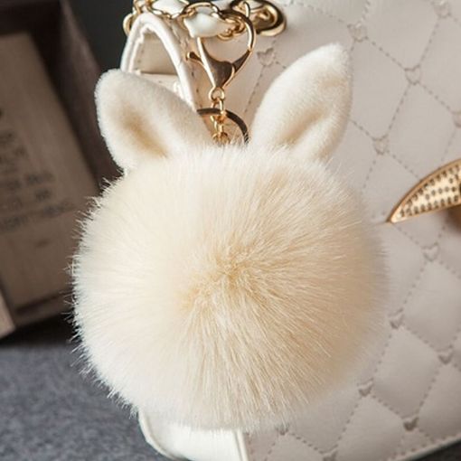 Creamy-White Fur Pom Keychains - Fake Rabbit Fur Ball Keychain - 1