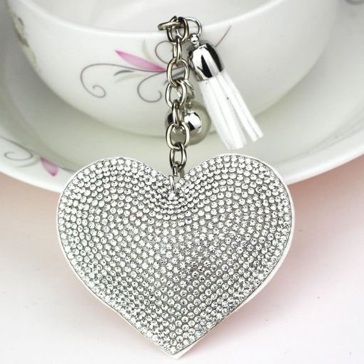 Silver White Heart Keychain Leather Tassel Gold Holder Crystal Keyring - 1