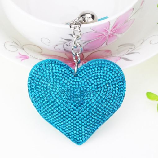 Light Blue Heart Keychain Leather Tassel Gold Key Holder Crystal Charm - 1