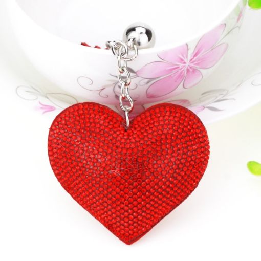 Light Red Heart Keychain Leather Tassel Gold Holder Crystal Keyring Gift - 1