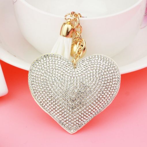 White Heart Keychain Leather Tassel Gold Key Holder Crystal Keyring Gift - 1