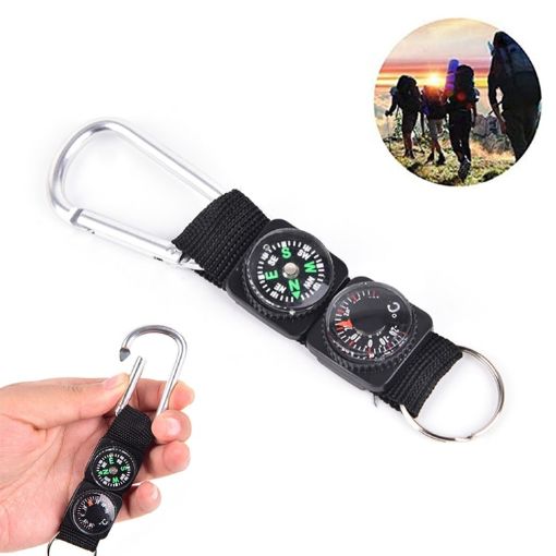 3 in 1 Camping Carabiner with Keychain Compass & Thermometer - Black - 1