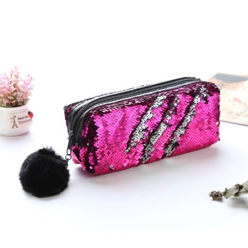 Reversible Sequin Pencil Case - Magenta+Silver, Large School Supplies Bag - 1
