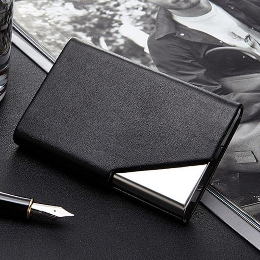 Men's Black Leather Stainless Steel Business Card Clamp - 1