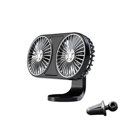 Car Double Head LED Electric Fan - USB Mini Fan for Air Outlet (Black) - 1