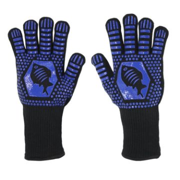 Silicone BBQ Gloves - High Temp Resistant, Anti-Scalding (Fish Bone Blue) - 1