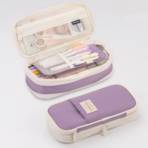Angoo Macaron Double-layer Retractable Pencil Case, Large Capacity, Purple - 1