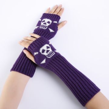 Purple Jacquard Skull Fingerless Knit Ski Gloves - Warm Winter Accessory - 1