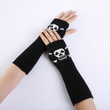 Black Jacquard Skull Fingerless Knit Ski Gloves - Warm Winter Wear - 1