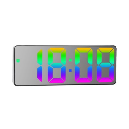 Colorful Fonts LED Alarm Clock - Large Screen, Black Shell, Mirror Surface - 1