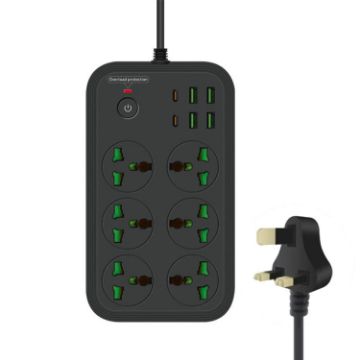 T24 2m 3000W 6-Plug Socket with PD & 4 USB Ports, UK Plug, Flame-Retardant - 1