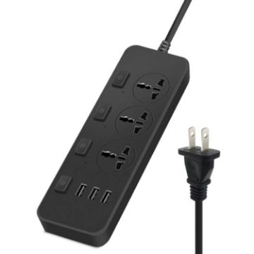 T14 2m 2500W Socket, 3 Plugs + 3 USB Ports, US Plug, Black, With Switch - 1