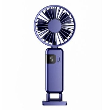 Portable Blue USB Charging Foldable Handheld Neck Fan with Digital Display - 1