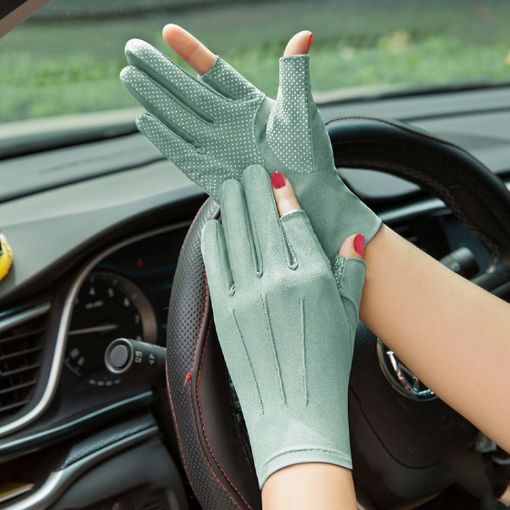 Women's Green 2-Finger Ice Silk Gloves - Breathable, Anti-UV, Outdoor Sports - 1