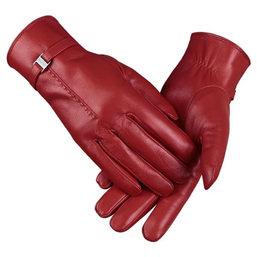 OZERO Women Sheepskin Warm Gloves, Fleece Lined, Size L, Red - 1