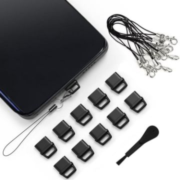 USB-C Charging Port Dust Plug & Lanyard Cleaning Brush Set - Black - 1