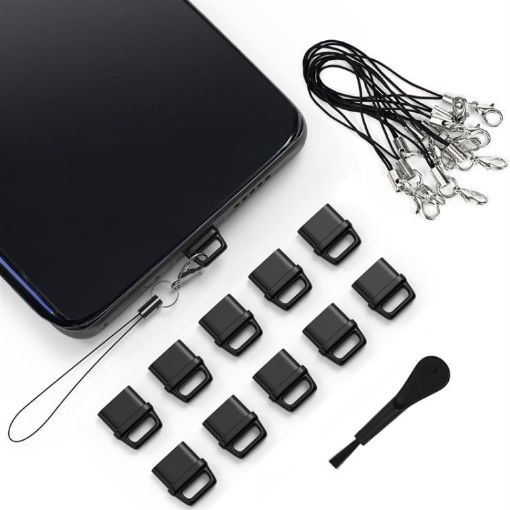 USB-C Charging Port Dust Plug & Lanyard Cleaning Brush Set - Black - 1