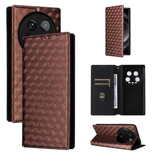 Xiaomi 14 Ultra Brown Flip Leather Phone Case with Cubic Grid Texture - 1